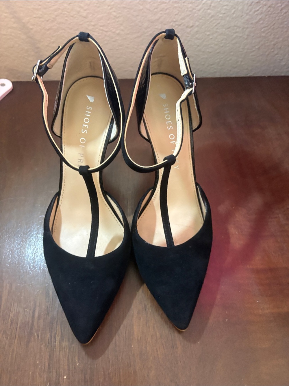 Shoes of Prey Black Suede T-Strap Pointed Toe Heels size 6.5